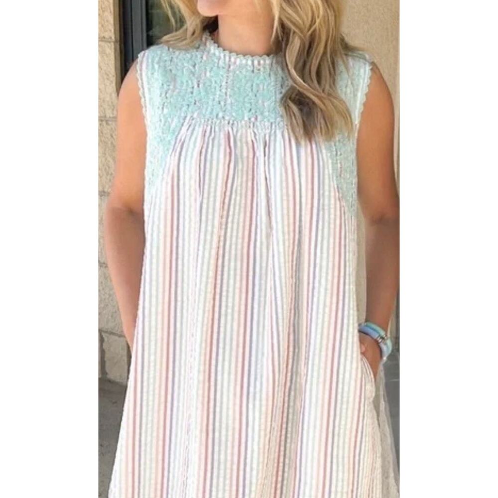 SISTER MARY Candy Stripe XS Searsucker floral embroidered Madeline‎ Dress Mumu